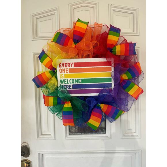 Everyone is Welcome Here Rainbow Pride Flag LGBTQ Sign Mesh Ribbon Wreath - Picture 1 of 8